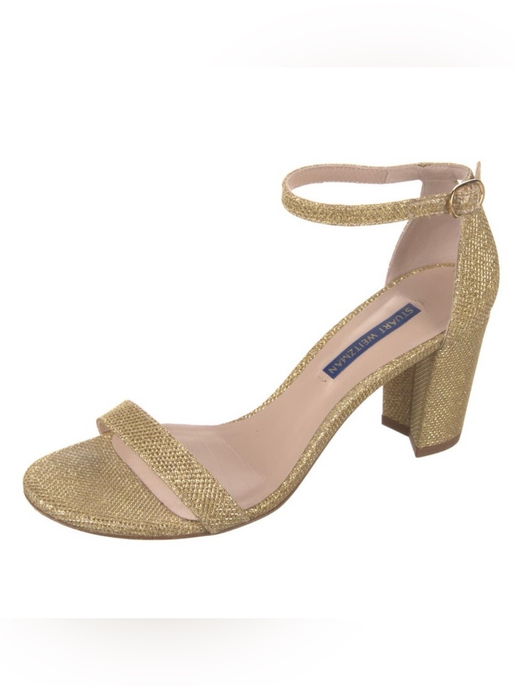 Stuart Weitzman Nearlynude Block Heel Sandal in Gold Glitter Lame Fabric sz 6.5